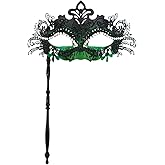 Pretishows Masquerade Mask for Women Venetian Helding Stick Masks Mardi Gras Deco Carnival Party Black/Green