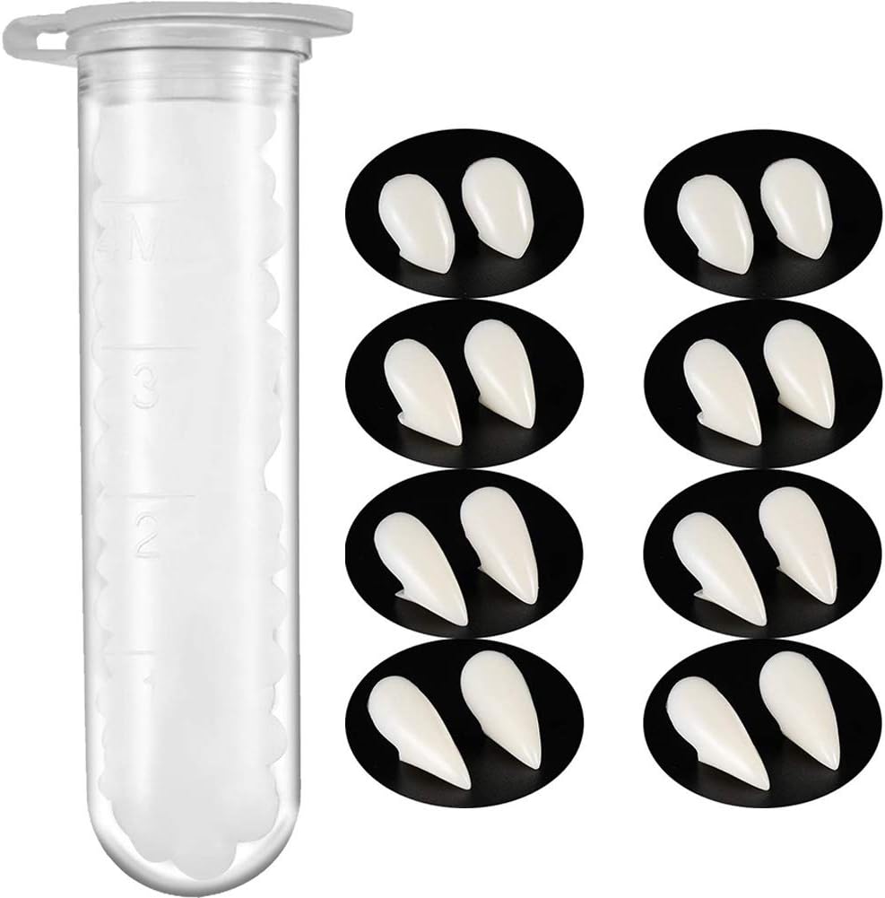 Bohoman 10 Pieces Vampire Fangs Kit 5 Sizes Custom Fangs Vampire Teeth Fake Dentures with 1 Tube Teeth Pellets Adhesive for Cosplay Party Props Halloween Party Fangs
