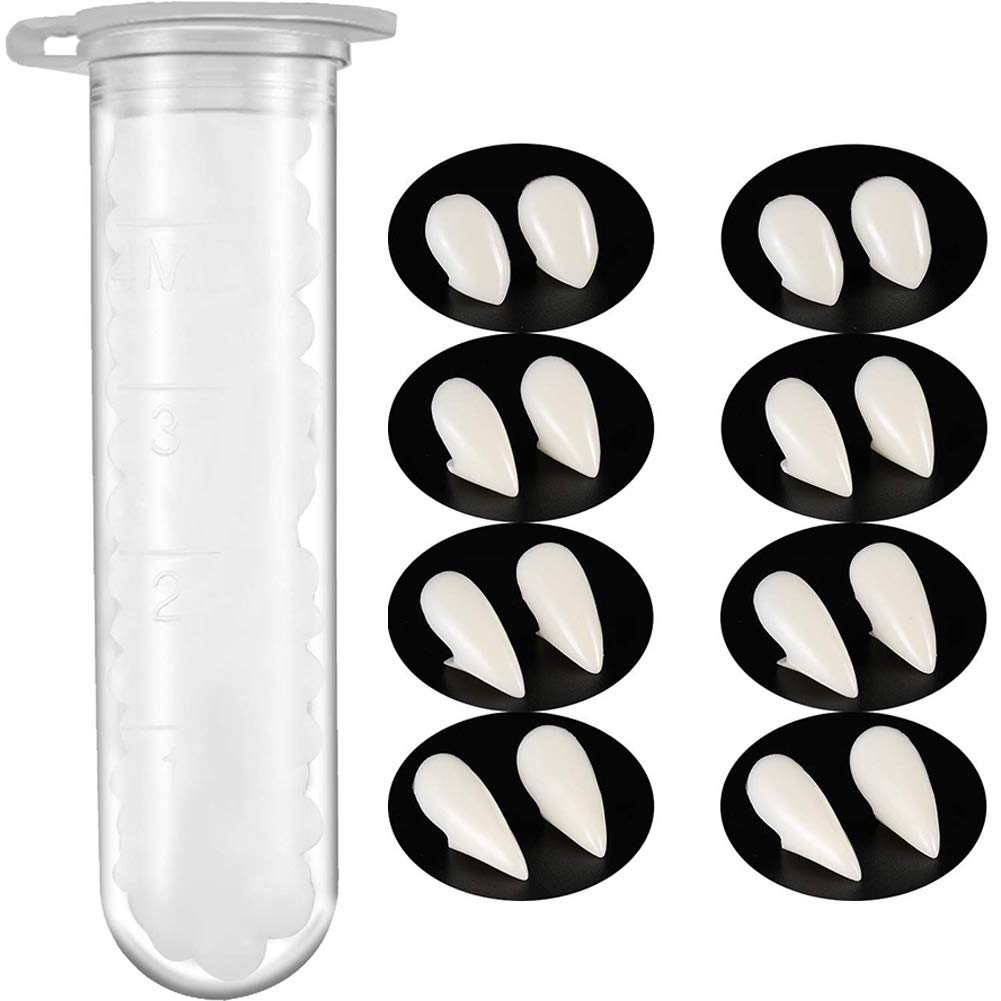 Bohoman 10 Pieces Vampire Fangs Kit 5 Sizes Custom Fangs Vampire Teeth Fake Dentures with 1 Tube Teeth Pellets Adhesive for Cosplay Party Props Halloween Party Fangs