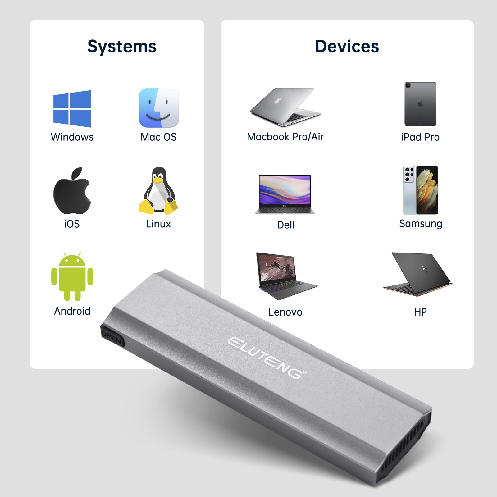 ELUTENG M.2 SSD Enclosure M.2 NVME SATA Dual Protocol Hard Drive Enclosure Aluminum USB 3.2 Gen 2 10Gbps External NVMe to USB SSD Reader Max 4TB Supports M and B&M Keys SSDs