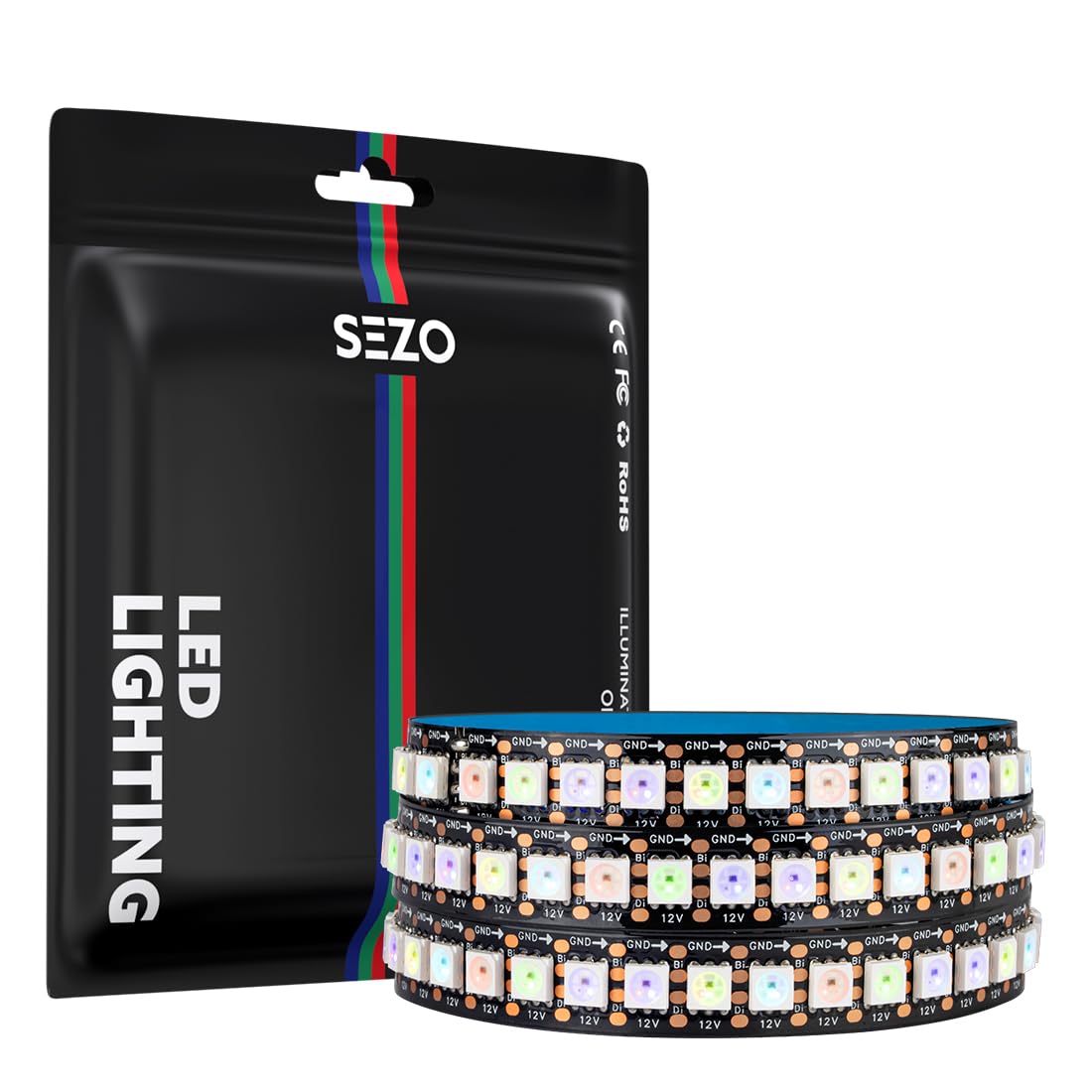 Photo 1 of SEZO WS2815 (Upgraded WS2812B) Individually Addressable RGB LED 3.3ft 144 Pixels 5050 SMD Dual Signal Dream Full Color Flexible Strip Light IP30 DC12V Black PCB