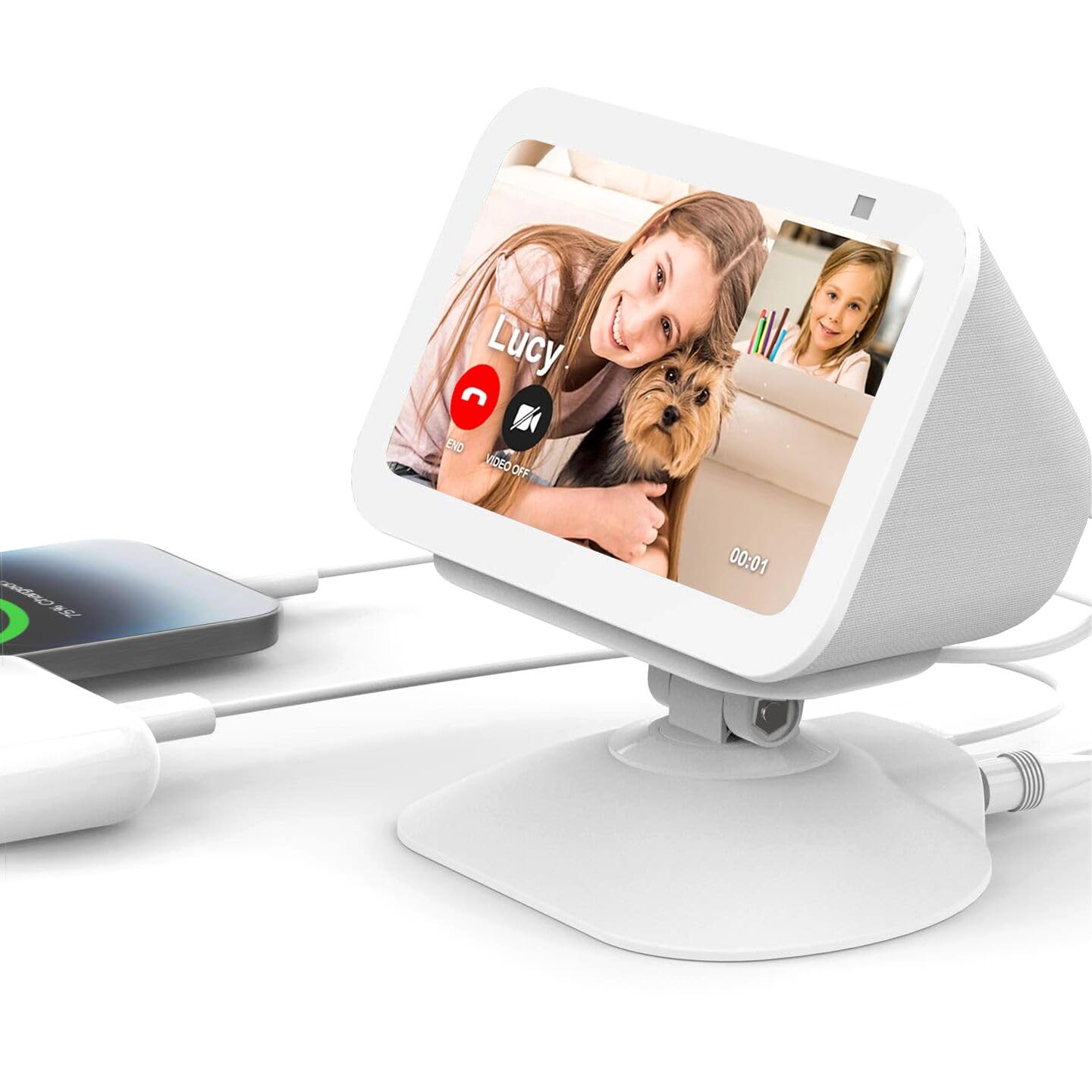 Adjustable Charging Stand for Echo Show 5 (3rd Gen) &Cell Phone, Tilt + Swivel Stand Multi Angle Rotation Magnetic Anti-Slip Base for Show 5 Compatible with Mobile Phones ,Can charge Headphones(White)