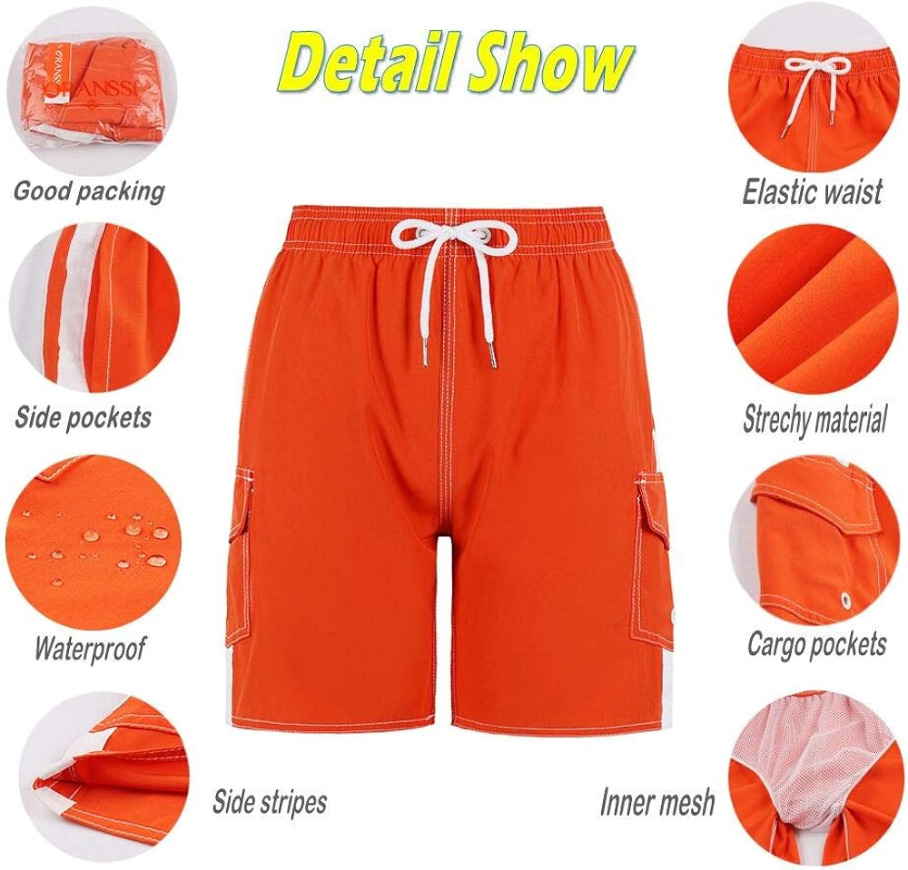 QRANSS Boys Kids Shark Printed Swim Trunks Board Shorts with Pockets: Clothing