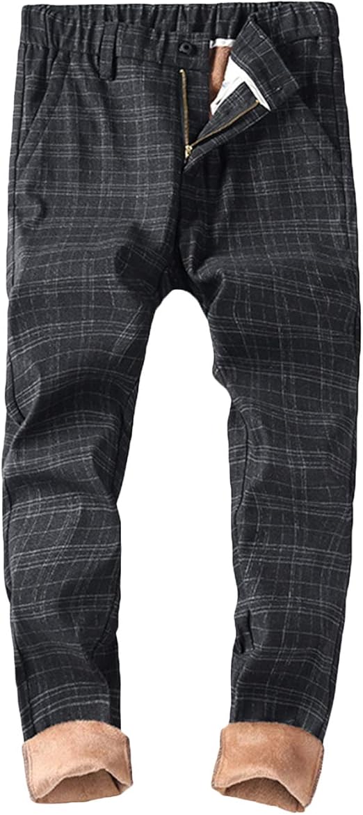 HaoMay Men's Comfy Elastic Waist Fleece Lined Plaid Winter Pants at