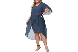 Hanna Nikole Womens Plus Size Chiffon Cocktail Dress Ruffle 3/4 Sleeve Wedding Guest Party Dresses with High Low Hem