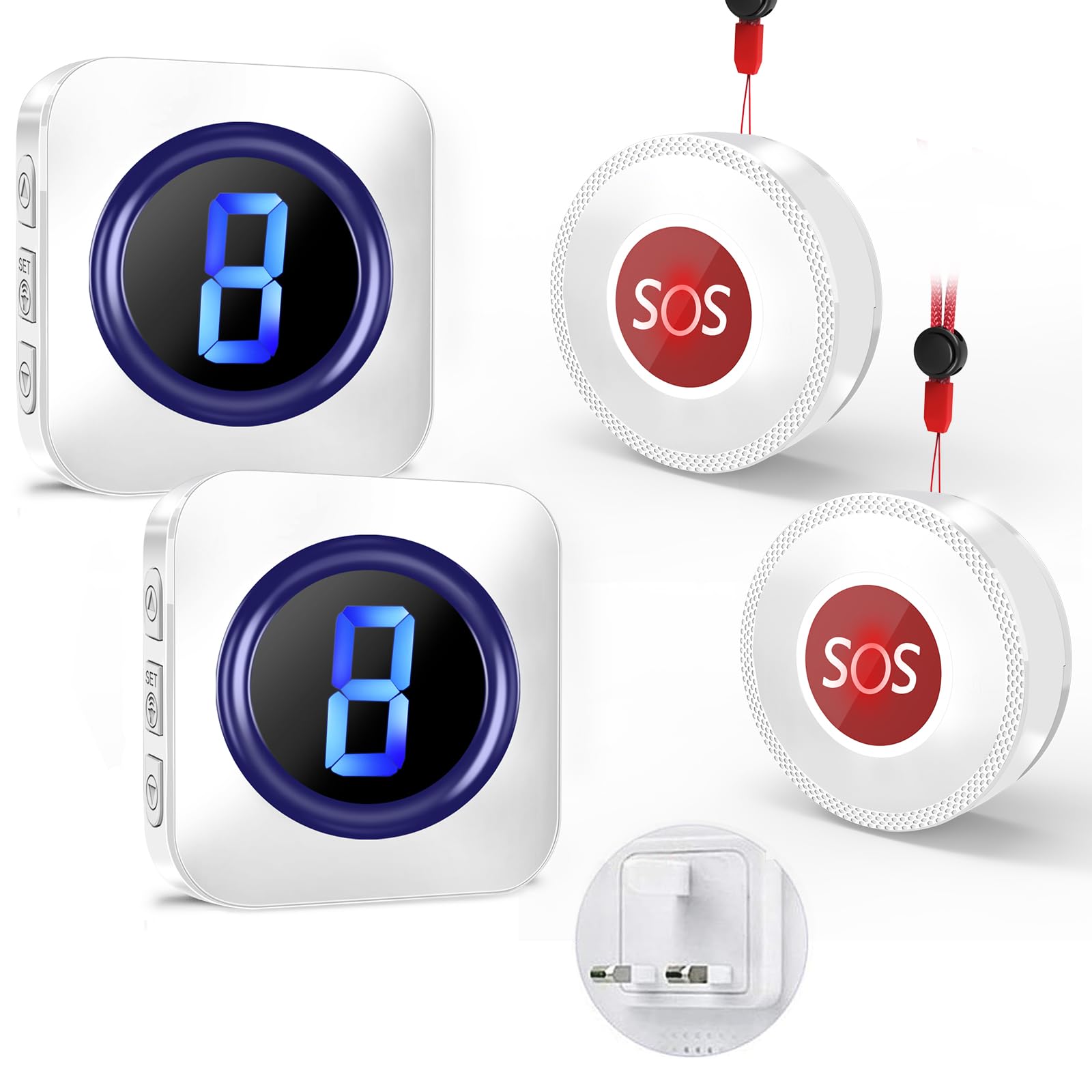 Wireless Caregiver Pager, 1,000ft Personal Panic Alarm Call Bell for Elderly with 5 Volume Levels 55 Chimes LED Flash for Home with 2 Plug in Receivers and 2 SOS Call Buttons Alarms