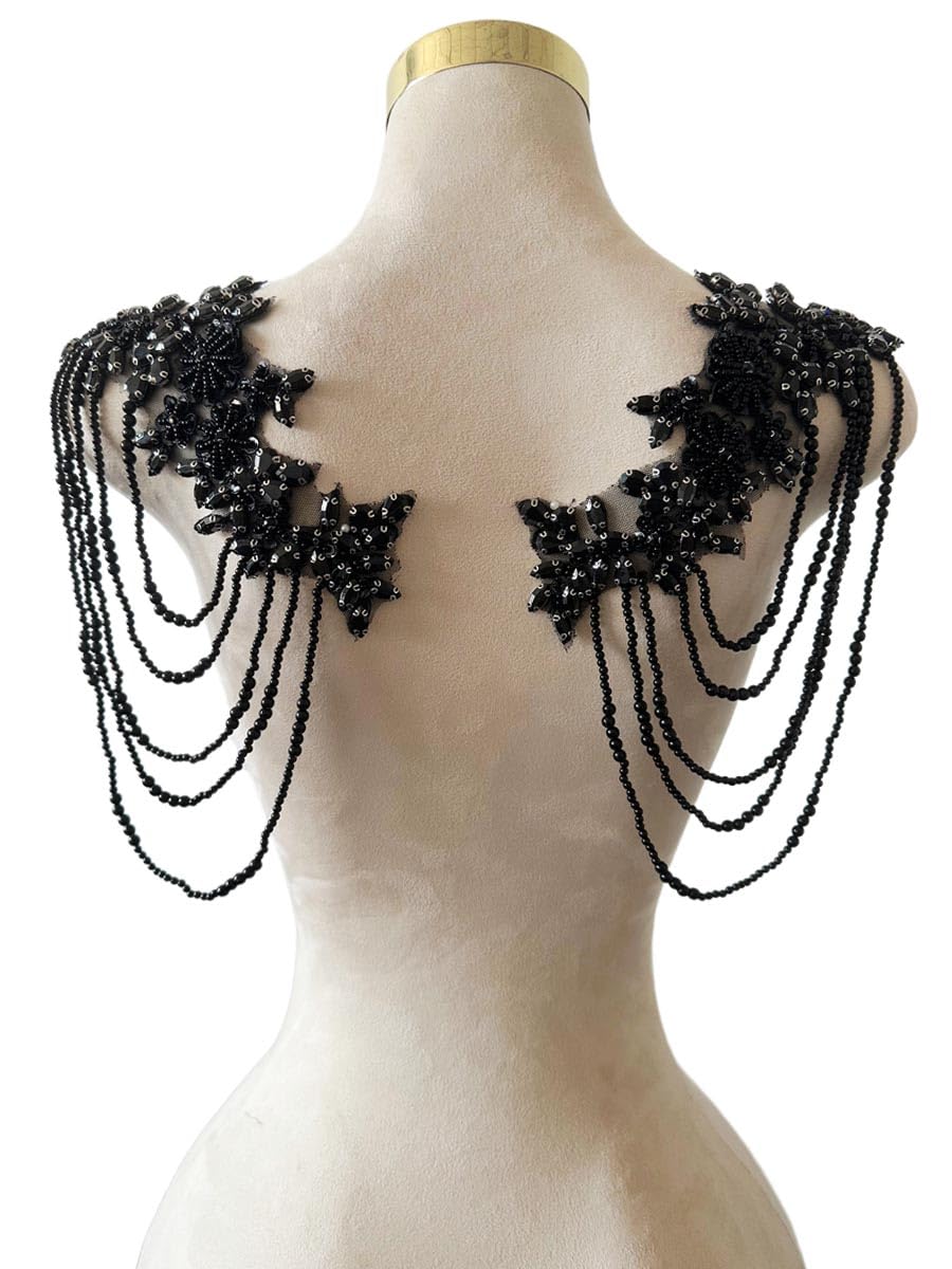 Photo 1 of 1 Pair Beaded Rhinestones Applique Embellishment for Clothes Epaulettes Shoulder Patches Sew-on Diamond Sequin Tassels Applique for Wedding Dress DIY Accessories 9.8X10.2inches (Black)