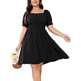 SHESTARR Women Plus Size Square Neck Mini Dress Puff Sleeve Smocked Flowy A-Line Boho Casual Short Dresses
