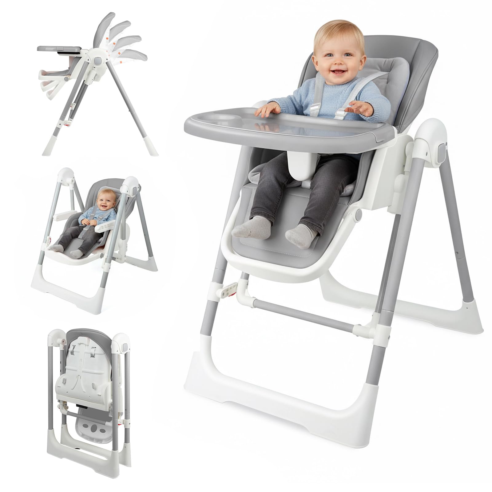Photo 1 of ***STOCK PHOTO FOR REFERENCE ONLY***High Chairs for Babies and Toddlers Convert to Baby Swings Foldable High Chair Adjustable Convertible with Reclining Seat & Leg Rest, 3-in-1 with Tool-Free Assembly (Grey)