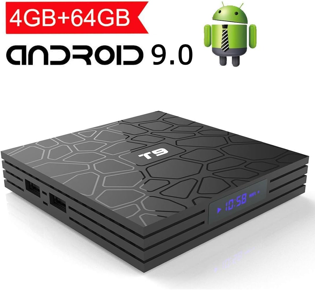 EASYTONE Android 9.0 TV Box with 4GB Ram 64GB Rom,T9 Android TV Box Quad Core/ 64 Bits/Dual WiFi 2.4G+5G/ BT4.0/USB 3.0/ H.265/ 3D UHD 4K Smart Internet TV Box
