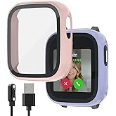 NewJourney Compatible with Cosmo Jr Track 5 Screen Protector, 2 Pack Bumper Case with Scratch-Resistant Tempered Glass Cover, Kids Smartwatch Accessories (Pink+Purple)