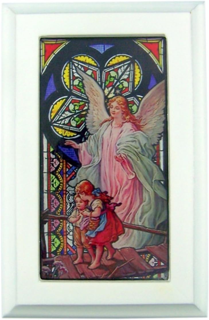 Catholic Religious Guardian Angel Stained Glass White Wood Musical Jewelry Box, 6 1/2 Inch