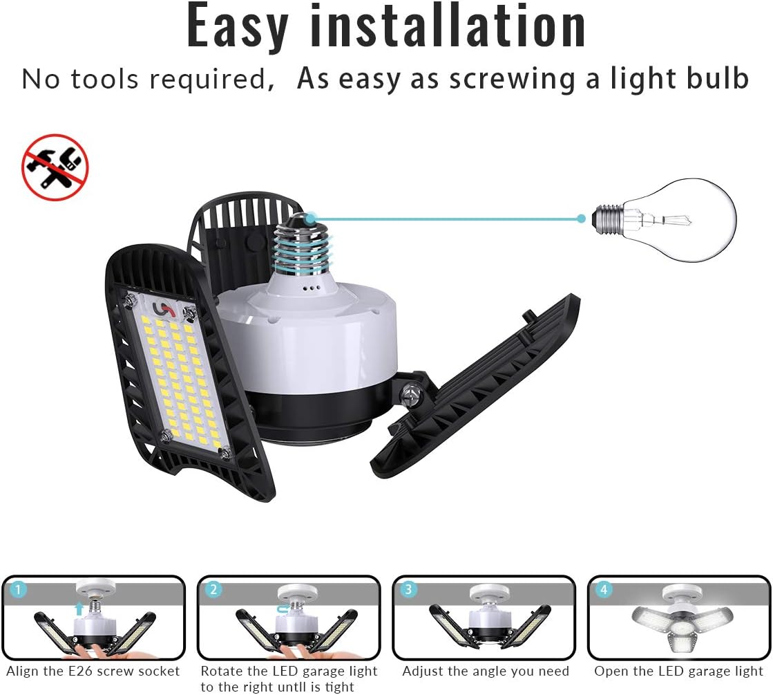 LED Garage Lights, 2-Pack 80W Garage Lights 9600LM 6000K E26 LED Garage Light Bulb, Deformable LED Garage Ceiling Lights with 3 Adjustable LED Panels Fits for Garage, Warehouse, Workshop and Basement. - - 