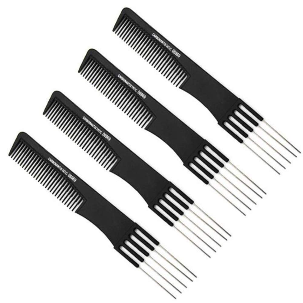 4 Pack Black Carbon Lift Teasing Combs with Metal Prong Anti-static Black Carbon Comb with Stainless Steel Lift (Style A)