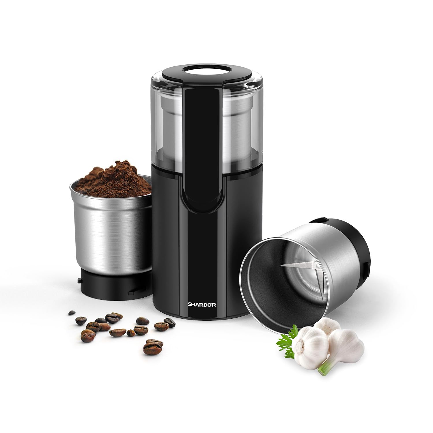 SHARDOR Coffee & Spice Grinders Electric with 2 Removable Stainless Steel Bowls for Dry or Wet Grinding, 70g,Black
