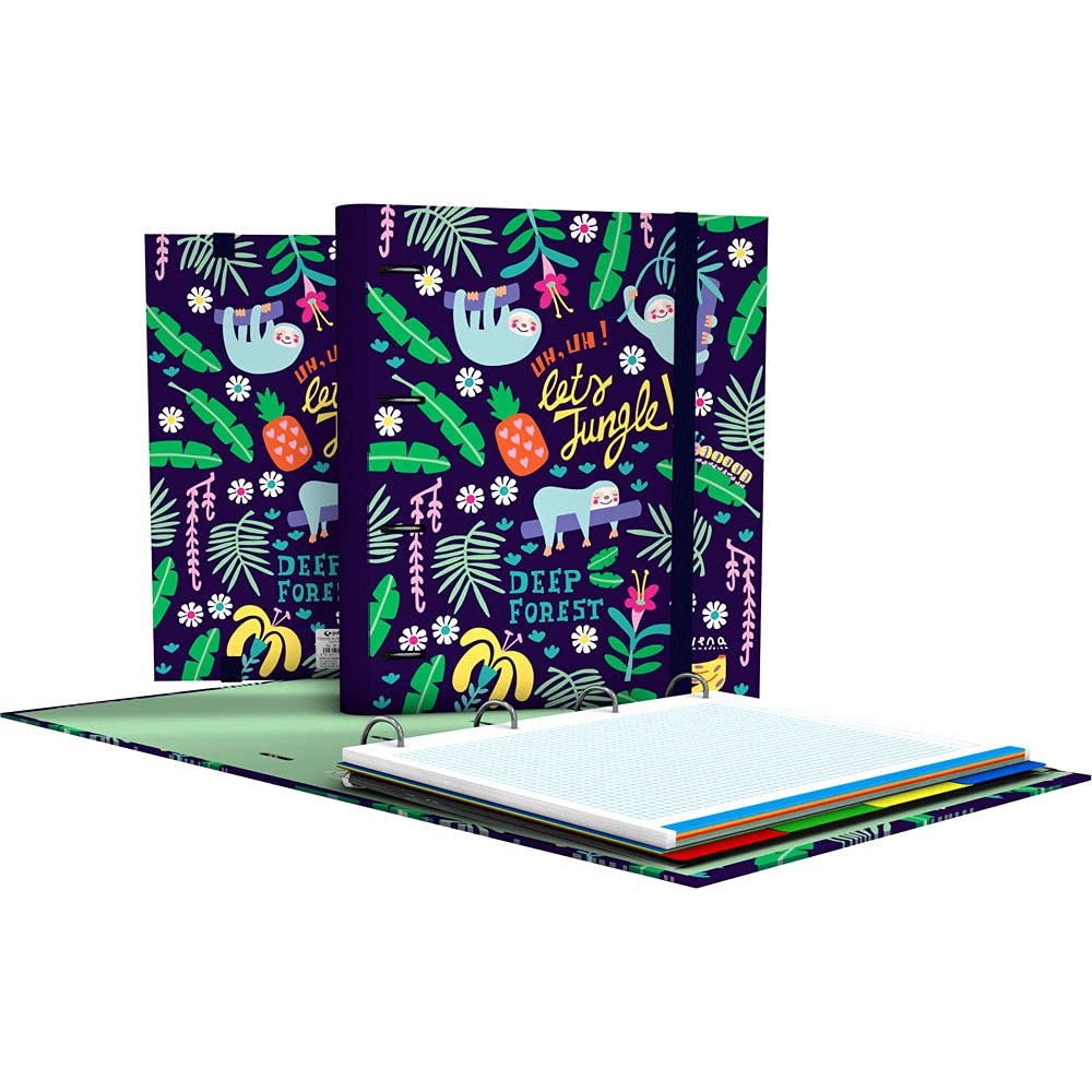 Grafoplás 88102635. 4 Ring Binder, A4, Refill Square Sheets, 5 x 5, Dividers, Transparent Envelope, Curved Spine, Carpebook, Elena Corredoira Collection, Jungle