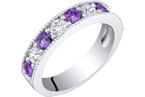 PEORA Sterling Silver 4mm Milgrain Half-Eternity Anniversary Wedding Ring Band for Women, Various Gemstones, Comfort Fit, Sizes 5 to 9