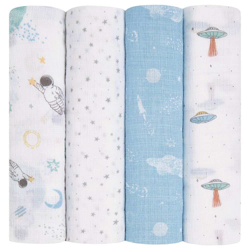 aden + anais essentials 100% Cotton Muslin Swaddle & Receiving Blanket for Baby Girls & Boys, 112x112cm, Newborn Swaddling Set, Infant & Toddler Shower Gift, 4 Pack, space explorers