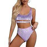 Glitter Rave Outfits for Women - Music Festival Metallic EDM Holographic Swimsuit Sexy Underboob Top Dance Bottom