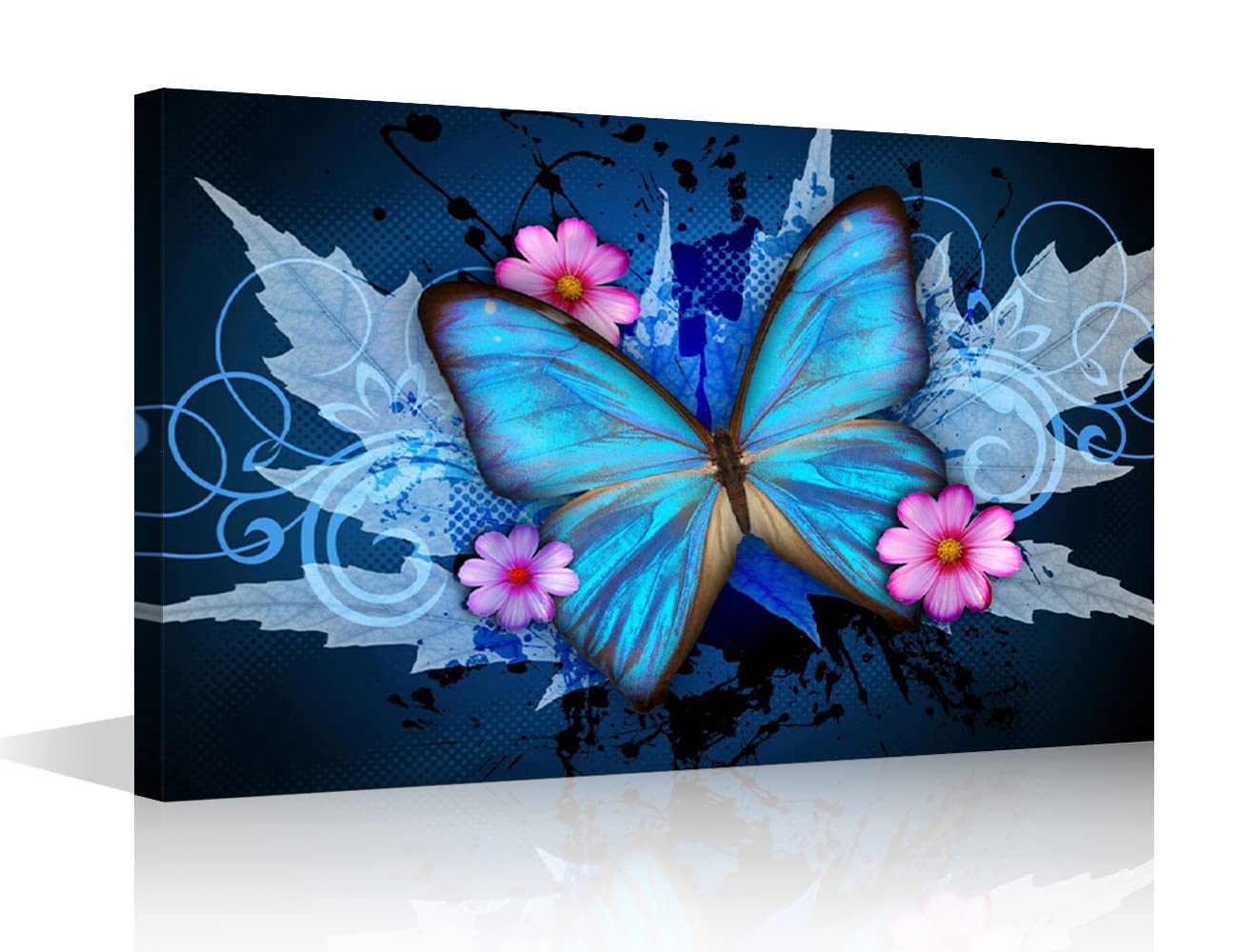 Canvas Wall Art Blue Butterfly and Flowers Painting Prints Stretched and Framed Pictures to Photo Paintings on Canvas Ready to Hang for Home Decorations Office Wall Decor 16x24inch