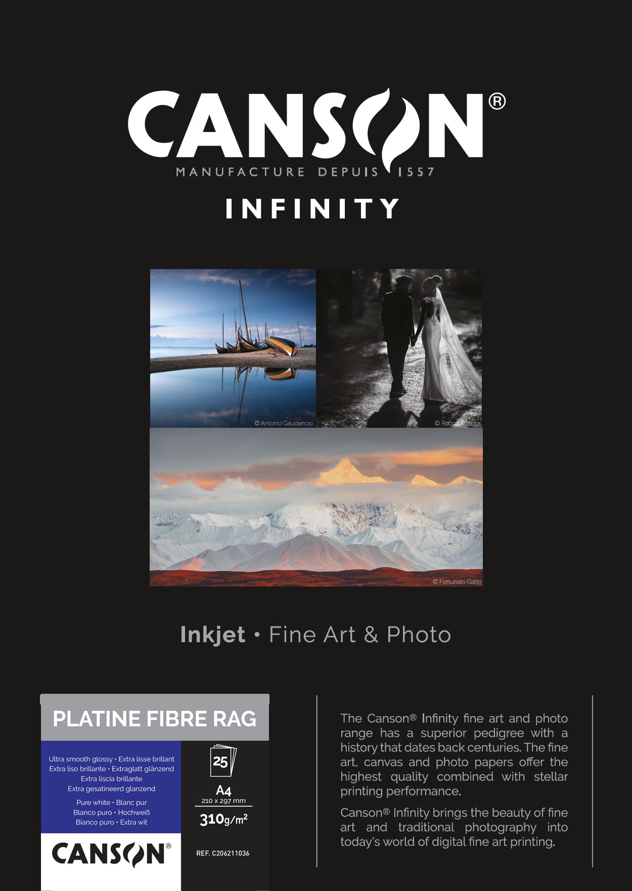 CANSON Infinity Platine Fibre Rag Ultra Smooth Glossy 310gsm A4 Paper, Digital Darkroom Papers, 25 Pure White Sheets, Ideal for Professional Photographers โ image 1