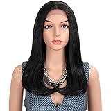 Joedir19” Straight Wavy Natural Black Heat Resistant Synthetic Deep Part Lace Front Wigs For Black Women 130% Density DIY Wigs(Natural Black)