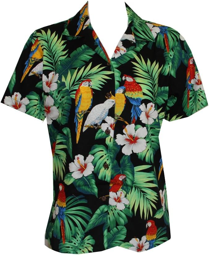 Made in Hawaii! Women's Parrot Hibiscus Hawaiian Luau Cruise Camp Shirt