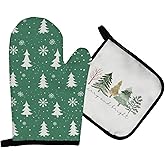 Mingnei Merry and Bright Oven Mitts and Pot Holders Sets, Green Christmas Tree Snowflake Heat Resistant Potholder Kitchen Decor for Cooking Baking BBQ Grilling, Christmas Kitchen Over Gloves Gifts