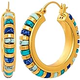IBARA Vintage Turquoise Hoop Earrings for Women Natural Stone Earrings 18k Gold Plated Medium Hoop Earrings Bohemia Beads Gemstone Earrings Summer Beach Travel Hawaiian Dress Handmade Jewelry