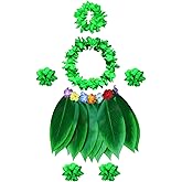 COJOUCCI Hawaiian Leaf Hula Skirt with Flower Headband, Necklace, Bracelets, Anklets Leis Outfit for Luau Party Beach Wedding