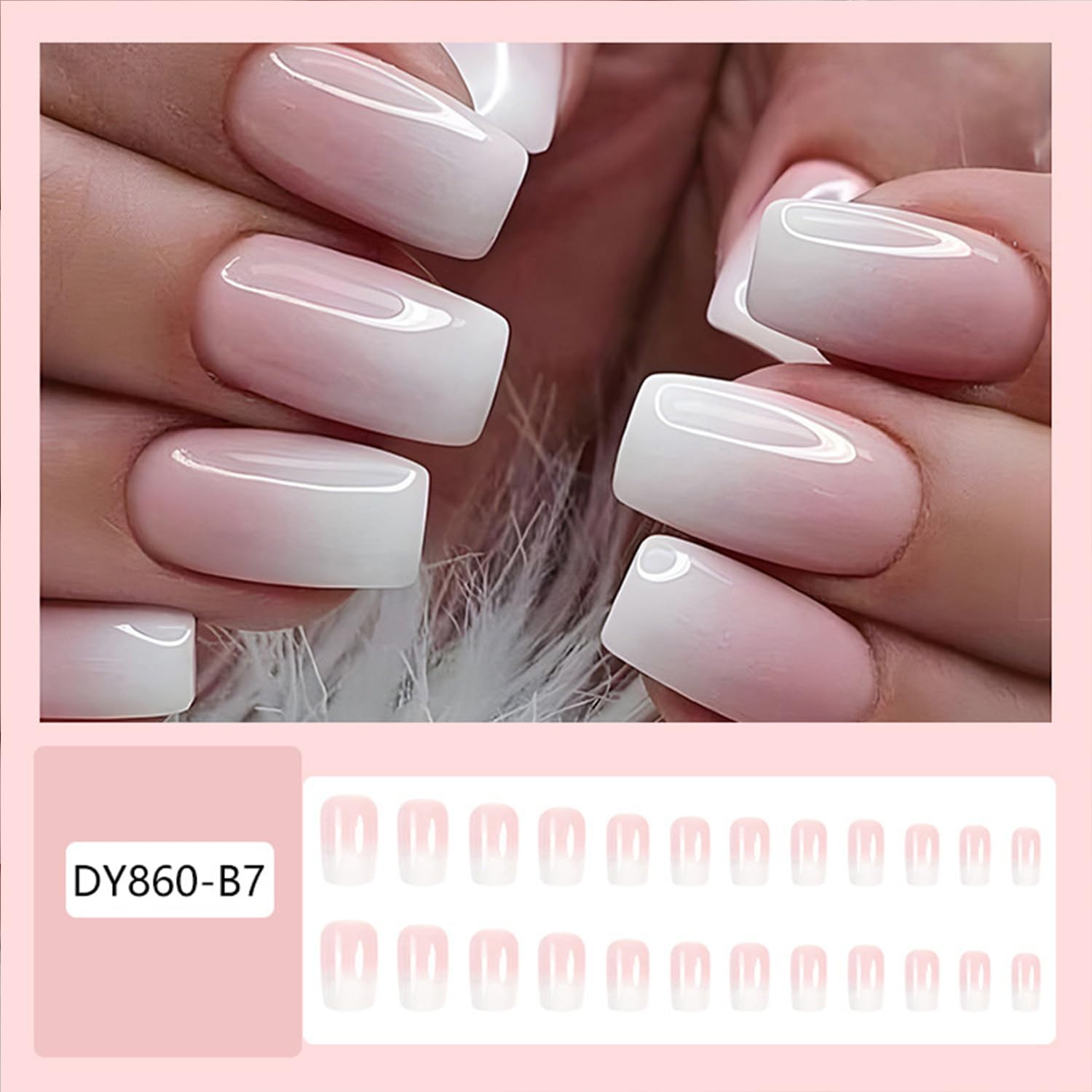 Ombre Press on Nails - Medium Square Pink White Gradient French Tip False Nails, Glossy Full Cover Stick on Acrylic Artificial Reusable Glue on Nails, 24Pcs - Image 2