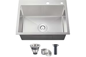 POPFLY 24×18 Inch Drop in Kitchen Sink, Topmount Handmade Single Bowl 18 Gauge 304 Stainless Steel Overmount Kitchen Sinks, Brushed