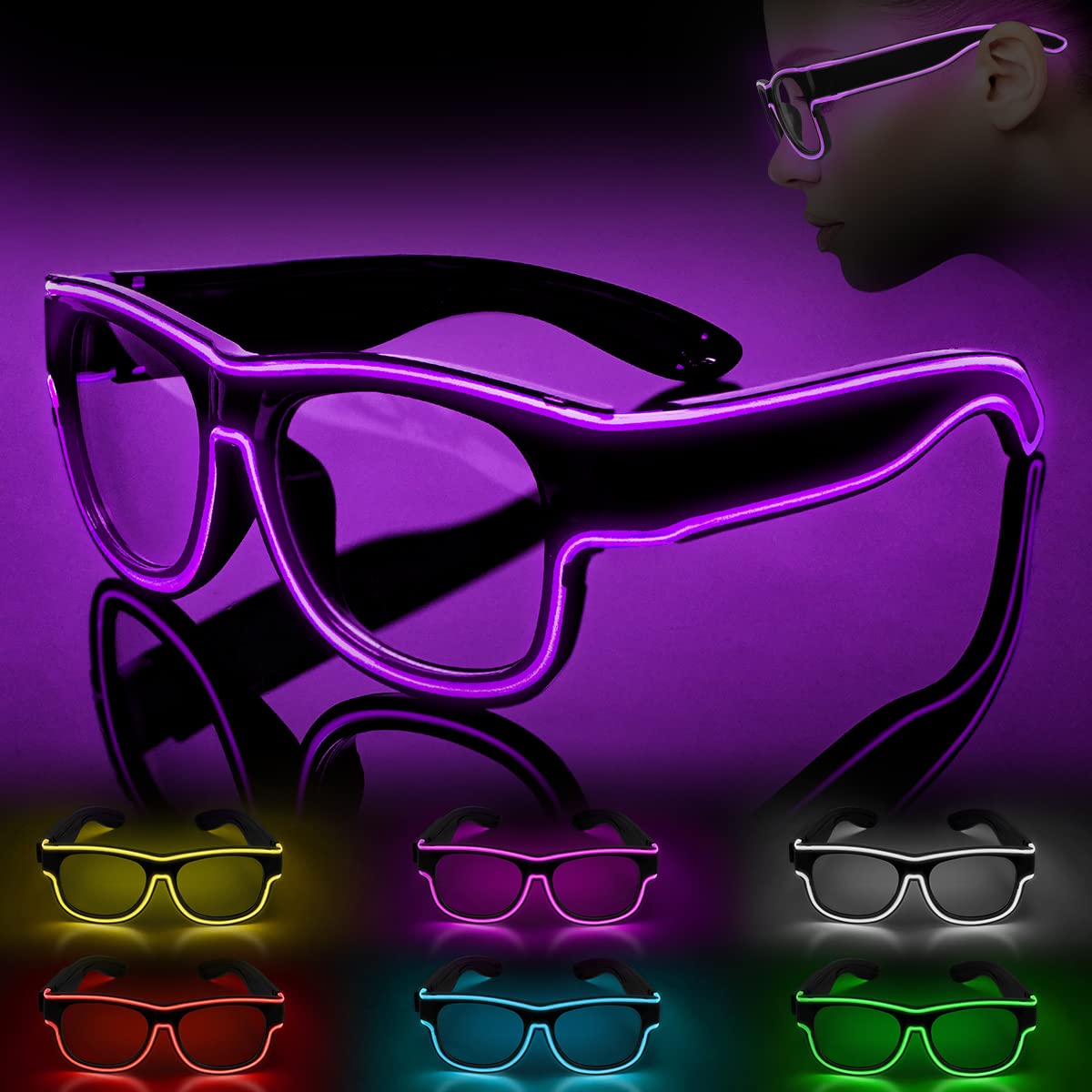 Ainiv Wireless Light up Glasses, Luminous El Wire Neon Party Rave Glasses, 3 Lighting Modes, USB Charging LED Costumes Accessories for Parties, DJ, EDM, 80s, Halloween, Christmas(Purple) — image 1
