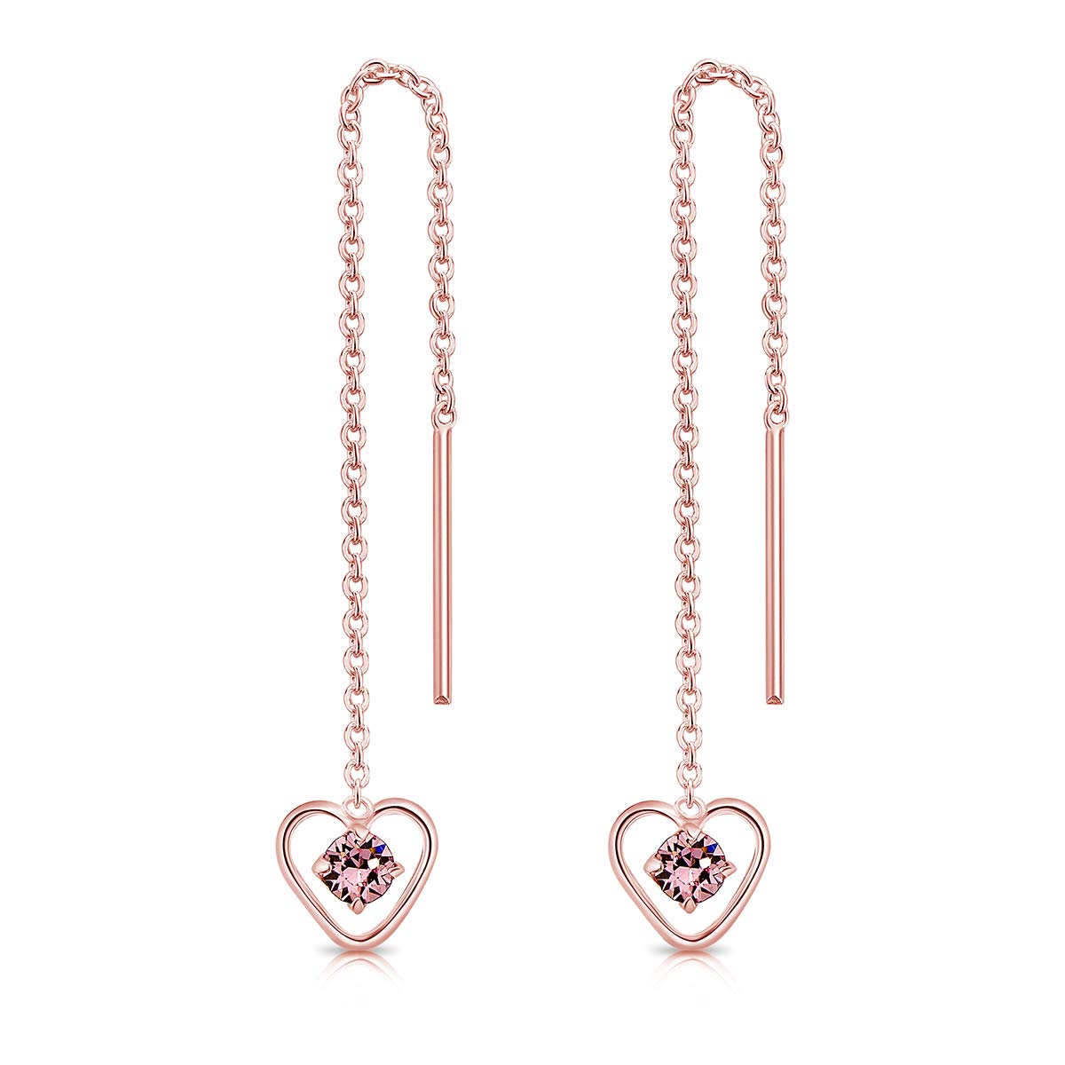 DTPsilver® 925 Sterling Silver Rose Gold Plated Pull Through Drop Chain Earrings & Dangling Heart with SMALL Round 3 mm Crystals from Swarovski® Elements - Length 68 mm - Colour : Light Rose