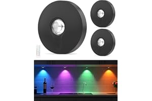 Aokpsrt Rechargeable RGB Puck Lights with Remote Control, 1500mAh Battery Operated Push Lights, Dimmable & Timer Under Cabinet Lighting for Closet, Bedroom, Kitchen Black 3Pcs