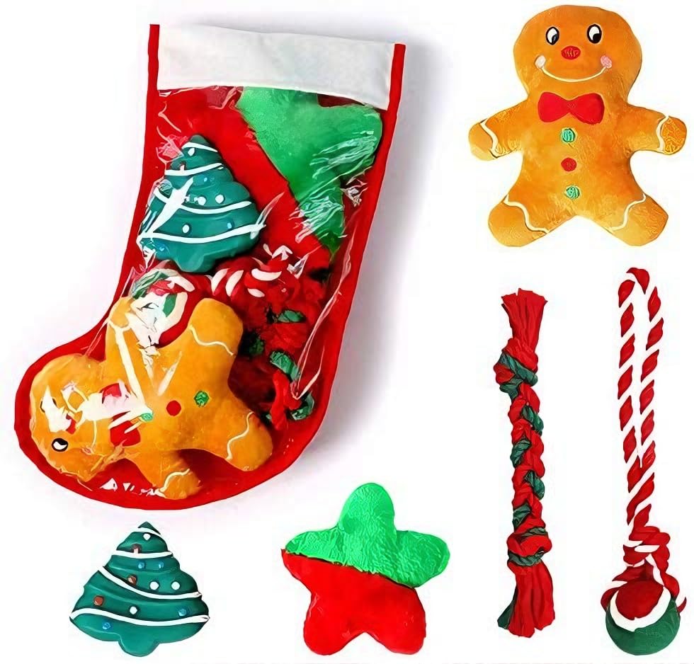 Highland Farms Select Christmas Dog Stocking Gifts Set - Festive Puppy Stocking Variety Pack with Squeaky Toy, Cotton Knotted Rope Toy - 5 Packs