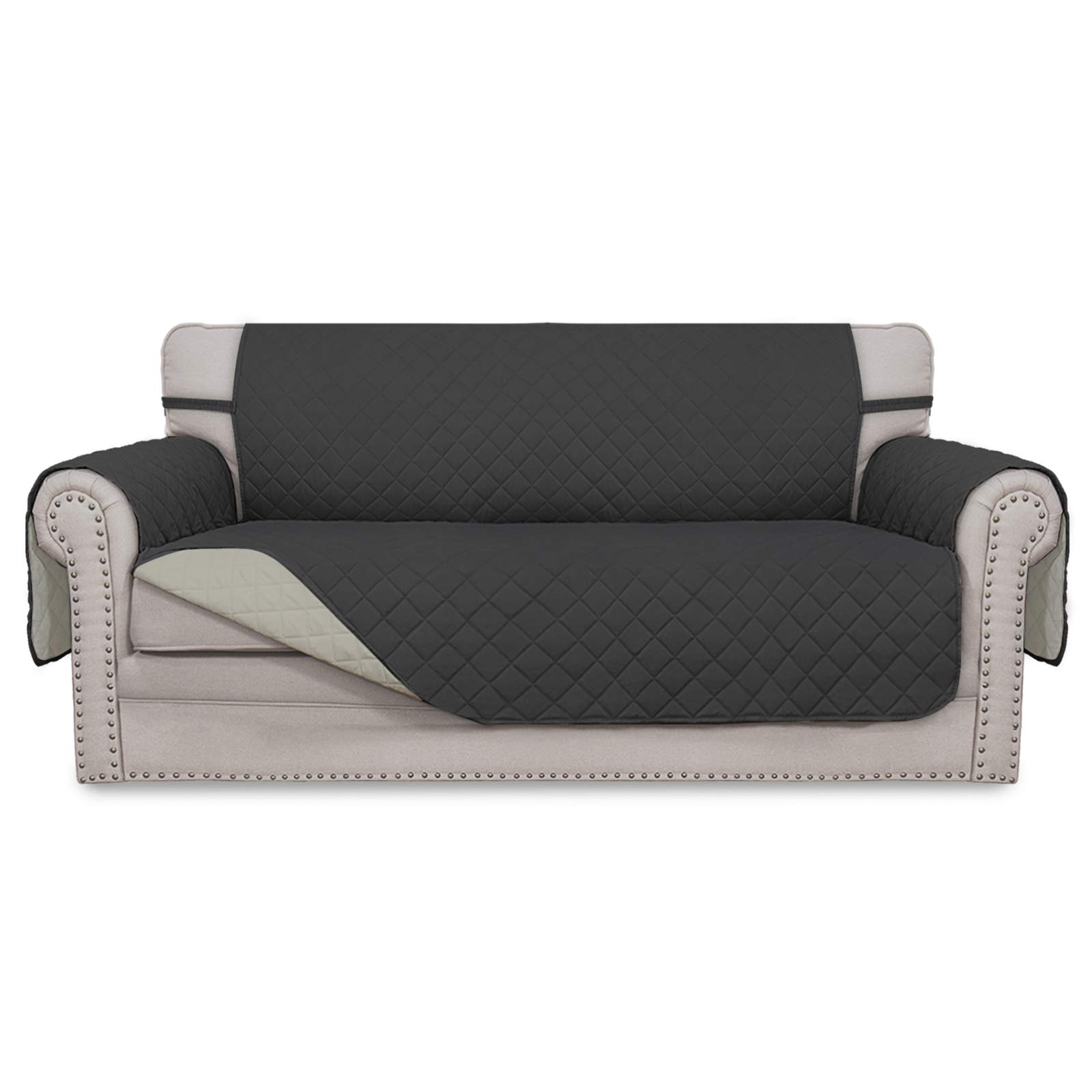 Easy-Going Sofa Slipcover Reversible Loveseat Sofa Cover Couch Cover for 2 Cushion Couch Furniture Protector with Elastic Straps for Pets Kids Dog Cat (Oversized Loveseat, Darkgray/Beige)