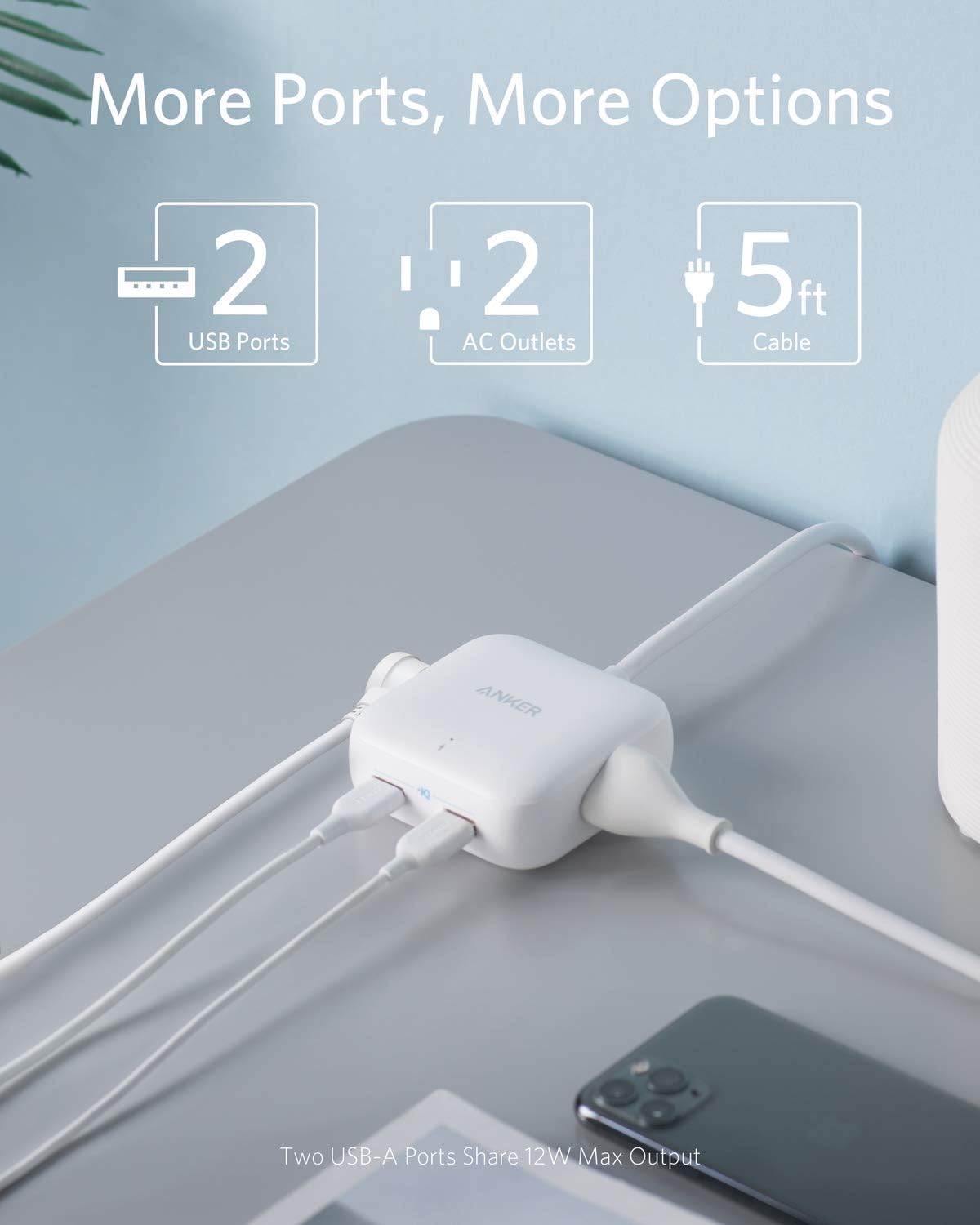 Anker Power Strip with USB, 2 Outlet & 2 PowerIQ USB Ports (24W) Travel Power Strip, Powerport Strip 2 Mini with 5ft Long Cord, Safety Door, Flat Plug, for Hotels, Dorm Room, Cruise Ships, and Home: Electronics