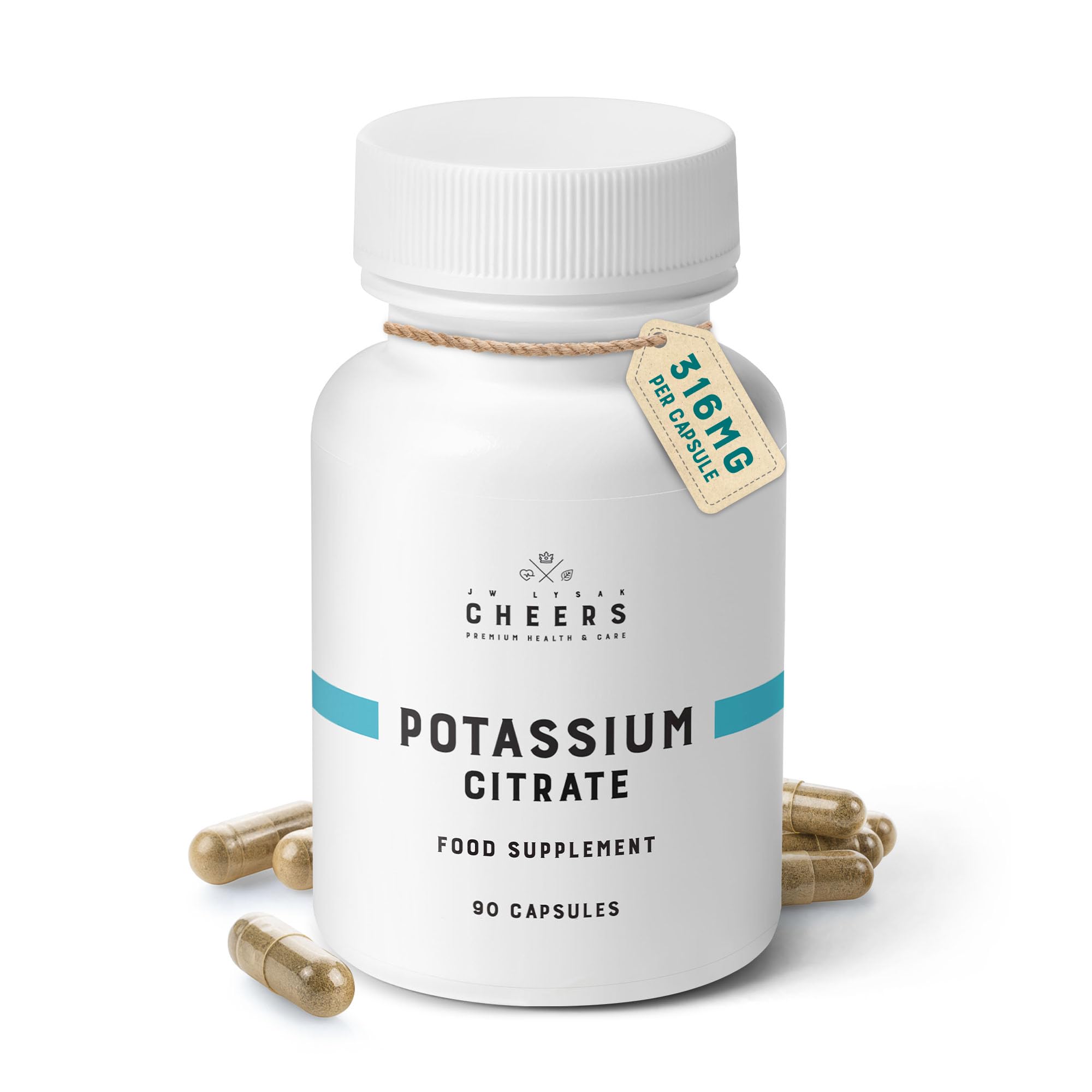 Cheers Potassium Citrate, 48% Daily Value, 316 mg per Capsule, 90 Capsules, Supports Cardiovascular and Blood Pressure Health, Vegan Potassium Supplement for Adults, Natural Mineral Electrolyte