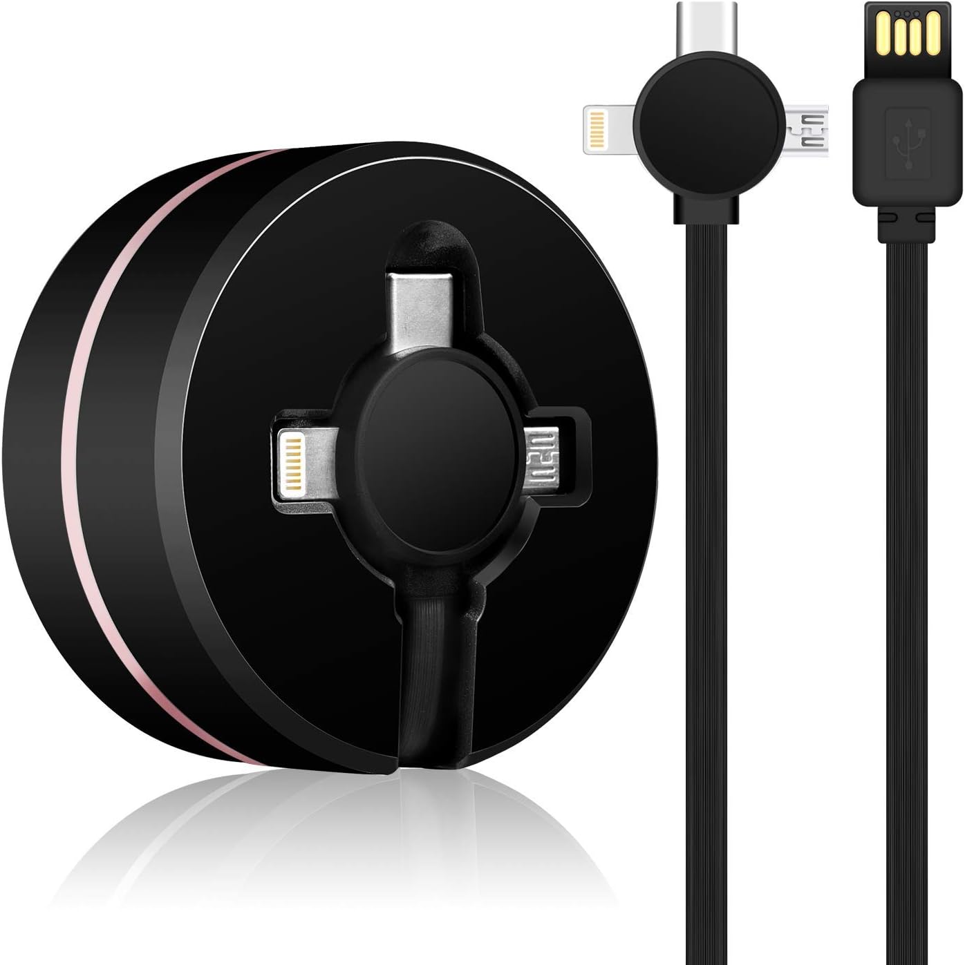 3 in 1 Charging Cable for Cell Phones Charger - Retractable USB Cord Data Sync Adapter Multi Compatible with Micro USB/Type-C for All Devices 3.3 ft (Black)