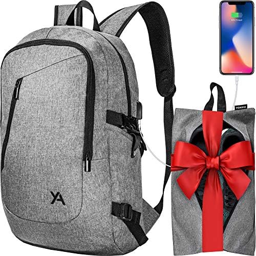 Men Business & Travel Laptop Backpack USB Charging Port FREE Shoe Bag, Stylish Slim Durable Water Resistant College School Computer Professional Office Bag Fits 15.6 Inch Laptop Notebook - Gray - By Yoked Apparel