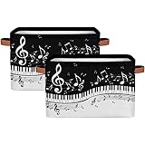Black and White Music Note Storage Baskets, 2 Pack Storage Bins with Durable Leather Handles Instrument Piano Foldable Closet