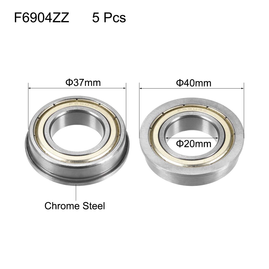 sourcing map F6904ZZ Flanged Ball Bearing 20x37x9mm Double Metal Shielded (GCr15) Chrome Steel Flange Rip Bearings 5pcs - Image 3