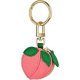 Strawberry Bag Charm Coin Purse for Women, Cute Pink Leather Keychain Wallet, Mini Fruit Zipper Pouch for Coins and Small Essentials (Peach)
