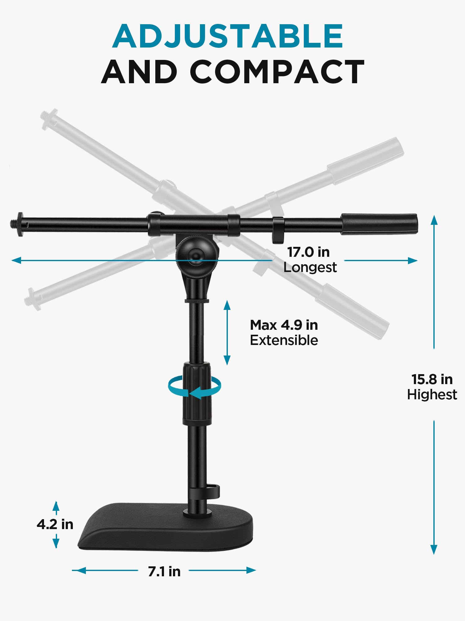 InnoGear Adjustable Desk Microphone Stand, Weighted Base with Soft Grip Twist Clutch, Boom Arm, 3/8/'' and 5/8/'' Threaded Mounts for Blue Yeti and Blue Snowball, Kick Drums, Guitar Amps, Black