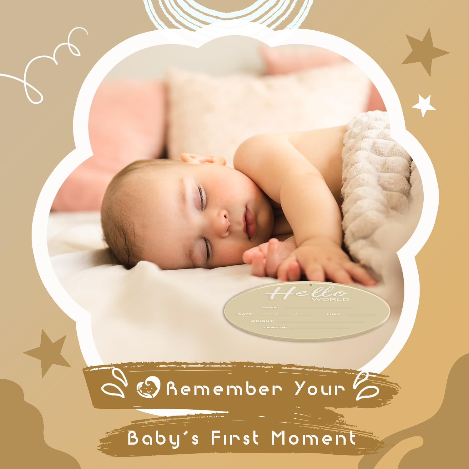 Baby Announcement Sign, 6.7 Inch Hello World Newborn Sign, Thickness Upgrade Birth Announcement Sign for Hospital, Nursery Baby Shower (Cream)