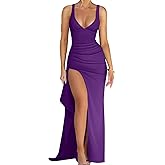 Memoriesea Women's Sexy Plunge Neckline Bodycon Ruched High Slit Party Maxi Dress