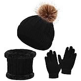 Heliltd 3pcs Kids Winter Hat Scarf Gloves Set Warm Knit Beanies with Pom Pom Soft Neck Warmer Mittens for Boys Girls Age 3–10