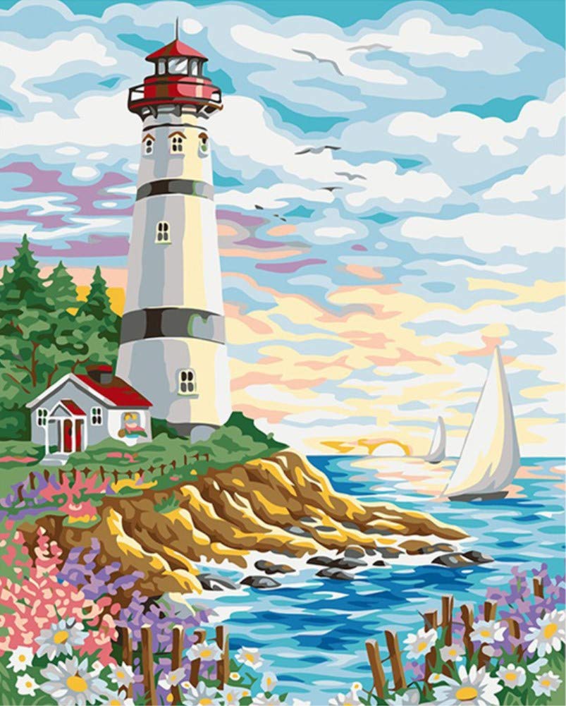 ABEUTY DIY Paint by Numbers for Adults Children, Sunset Lighthouse 16x20 inches Number Painting Art Therapy (No Frame, Sea)