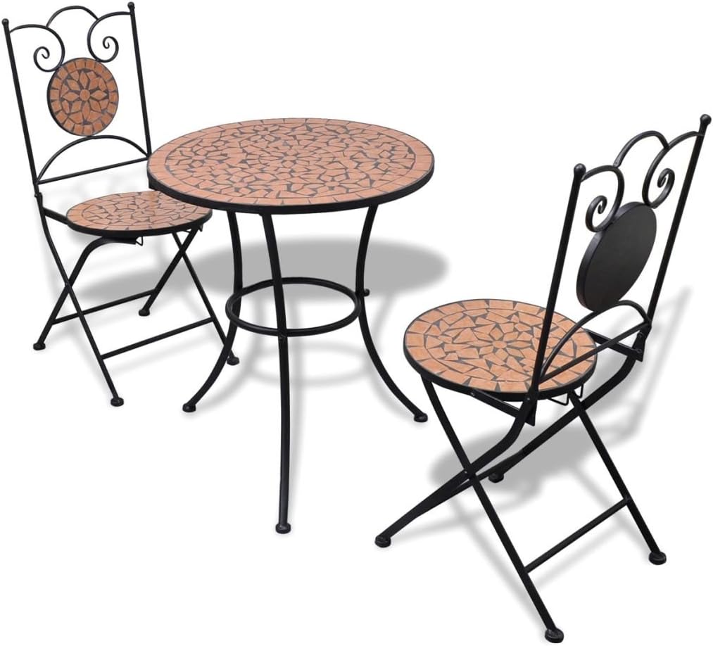 Weilandeal Bistro Table 60 cm Mosaic with 2 Chairs Terracotta Material: Powder-coated iron frame + ceramic tile seats and table top Outdoor Dining Set Outdoor Dining Set